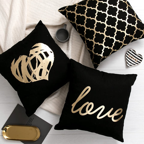 Black Gold and White printed cotton accent pillows
