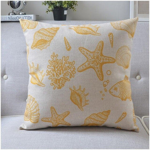 Yellow and White Coastal Decor Accent Pillows.  Sea Star and Coral print.  (45x45cm)