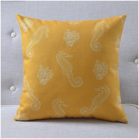 Yellow and White Coastal Decor Accent Pillows.  Seahorse Print.  (45x45cm)