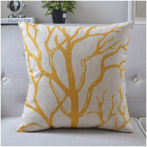 Yellow and White Coastal Decor Accent Pillows. Coral Pattern Print.  (45x45cm)