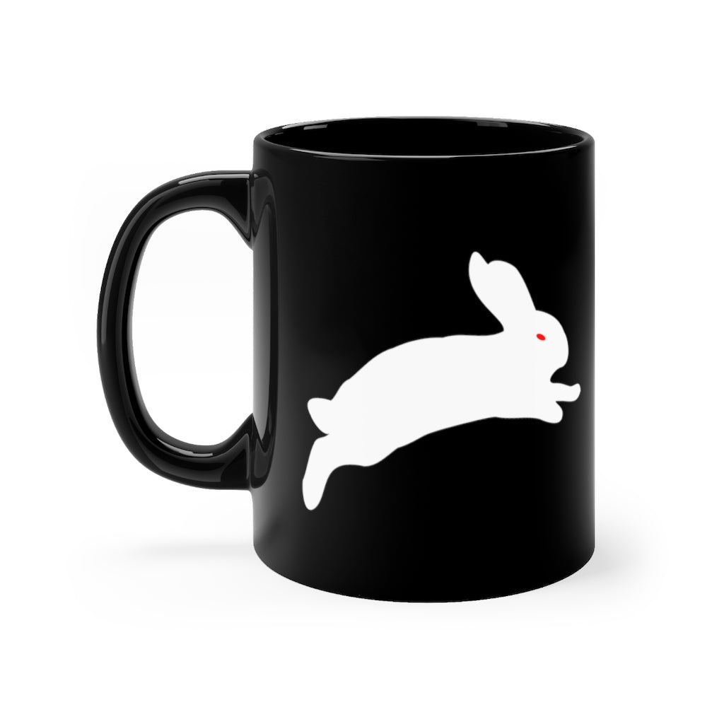 Nasty, big, pointy teeth! - 11oz Black Mug (Killer Rabbit w/ text on back)