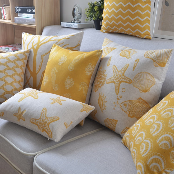 Yellow and White Coastal Decor Accent Pillows. Coral Pattern Print.  (45x45cm)