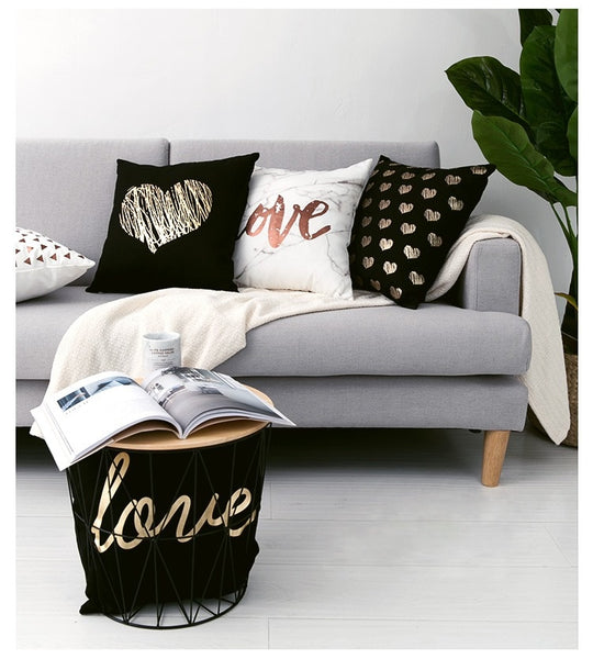 Black Gold and White printed cotton accent pillows