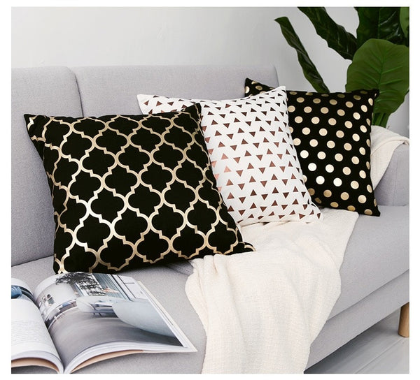 Black Gold and White printed cotton accent pillows