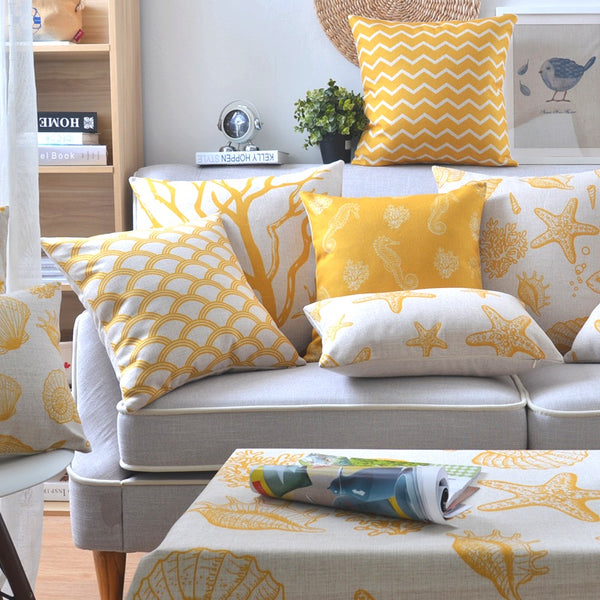 Yellow and White Coastal Decor Accent Pillows.  Shell Fish print.  (45x45cm)